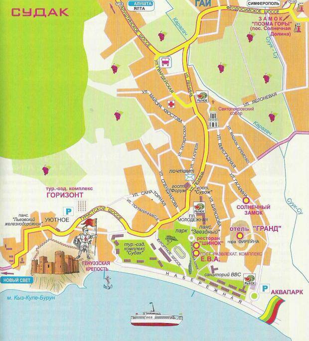 Карта судака с отелями, достопримечательностями, курортами, транспортом