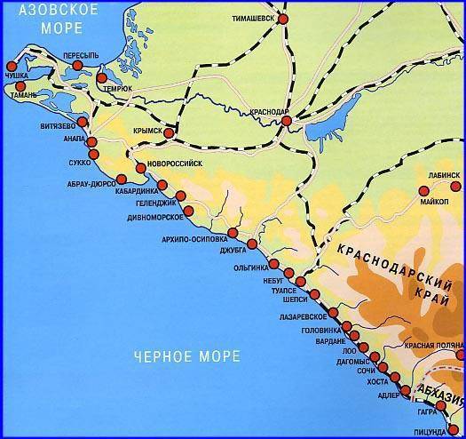 Карта черноморского побережья россии с курортами. подробная с городами и поселками