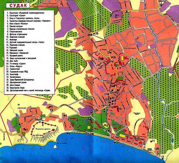 Карта судака подробная с улицами, домами и пляжами
