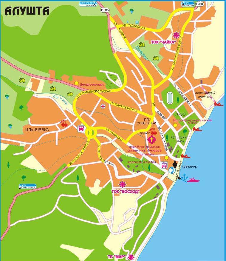 Подробная карта алушты с улицами, номерами домов и инфраструктурой